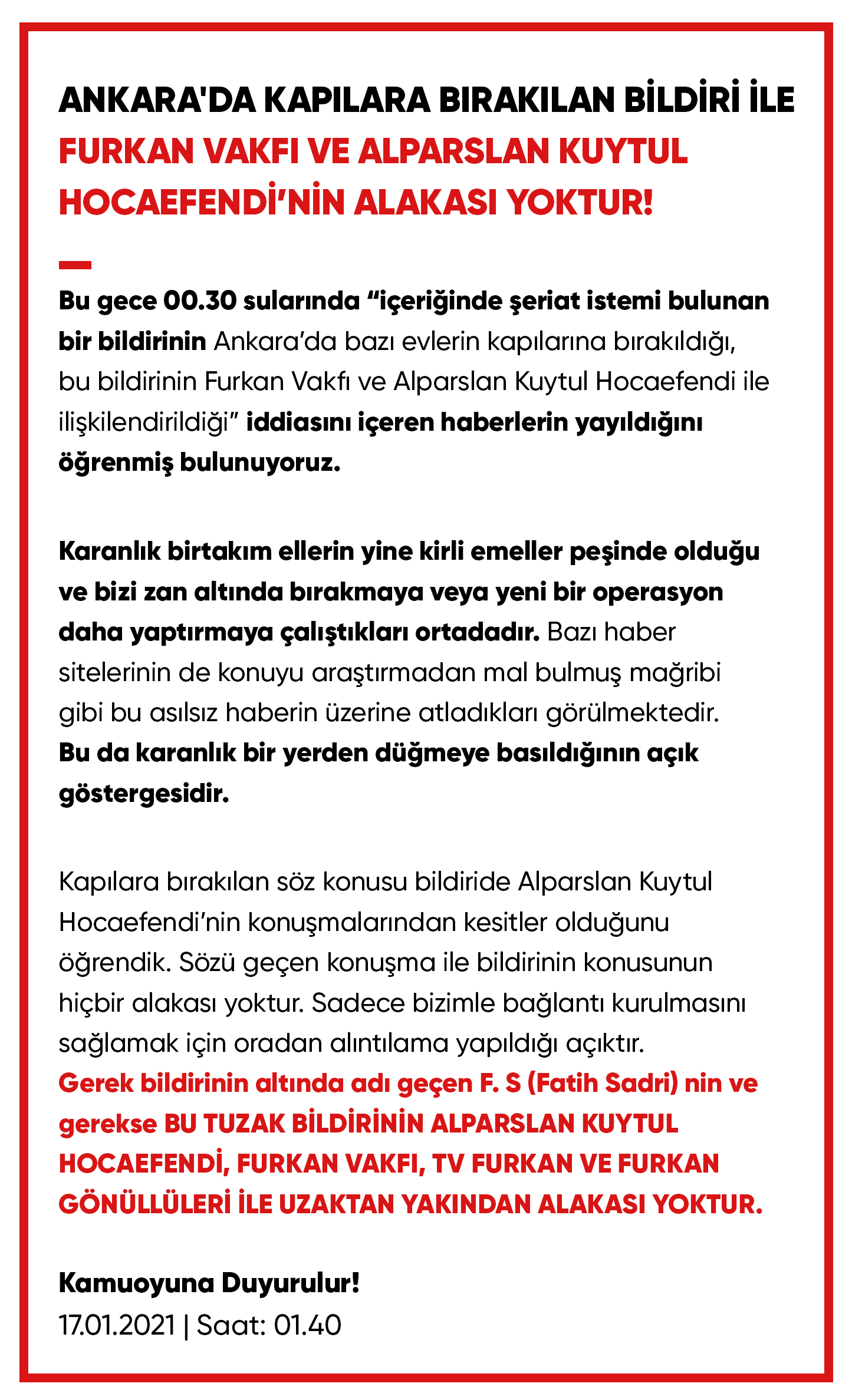 ankara'da dağıtılan şeriat bildirisi hakkında furkan vakfı'ndan açıklama